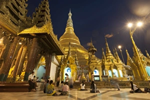 Burmese Prints: Devotees come to pray at Shwedagon Pagoda, Yangon (Rangoon), Myanmar (Burma), Asia
