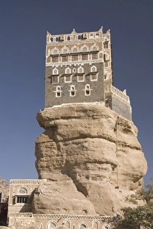 Yemen Prints: Dhar Alhajr (the Imans Palace), built on a sandstone crag, Wadi Dhahr