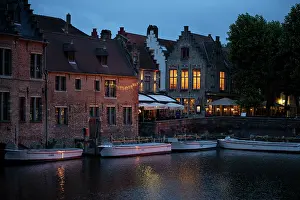 Bruges Prints: Dijver Canal at twilight, Bruges, Belgium