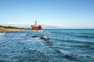 Shipwreck Prints: Dimitrios boat shipwreck on a sandy beach near Gythio, Peloponnese, Greece