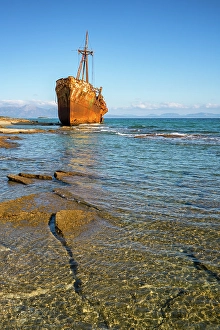 Shipwreck Prints: Dimitrios boat shipwreck on a sandy beach near Gythio, Peloponnese, Greece