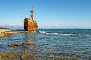 Aesthetics Prints: Dimitrios boat shipwreck on a sandy beach near Gythio, Peloponnese, Greece