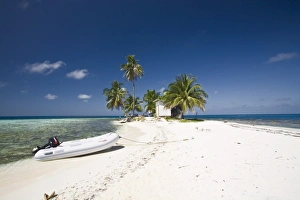 Access Prints: Dinghy on beach, Silk Caye, Belize, Central America