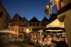 Haut Rhin Prints: Dining at night in the Place de l Ancienne Douane, Colmar, Haut-Rhin