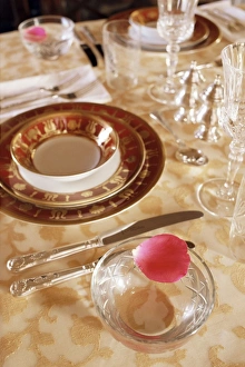 Glasses Prints: Dining room table top detail in private residence, Samode Bagh or Garden
