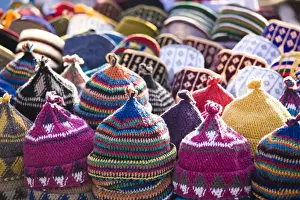 Objects Prints: Display of handmade hats for sale in market in Rahba Kedima Square in the souks of Marrakech