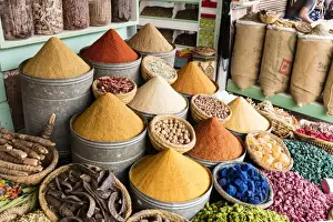 Moroccan Prints: Display of spices and pot pourri in spice market (Rahba Kedima Square) in the souks of Marrakech