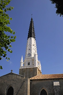Steeple Prints: Distinctive black and white church tower, Ars-en-Re, Ile de Re, Charente Maritime