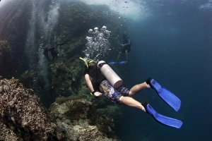 Koh Tao Prints: Divers going into the Chimney at Sail Rock, Koh Tao, Thailand, Southeast Asia, Asia
