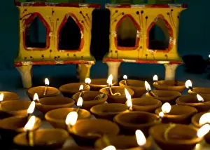 Shrine Prints: Diwali deepak lights (oil and cotton wick candles) and shrine decorations, India, Asia