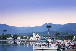 Paraty Prints: Docks at Paraty with the Serra da Bocaina mountains behind and the church of Nossa