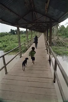 Elementary Age Prints: Dog follows boy carrying bananas in small community outside Iquitos