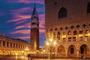 14th Century Gallery: Doges Palace and Campanile after sunset, Venice, UNESCO World Heritage Site, Veneto, Italy, Europe