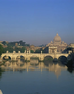 River Tiber Prints: The dome of St. Peters Basilica and bridge over the River Tevere, The Vatican