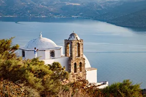 Young Men Prints: Domed church Pangia Thalassitra, church on Milos with a view over the sea at sunset