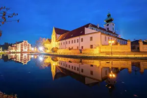 Street Lamps Prints: Dominican Monastery reflecting in Malse River at twilight