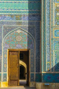 Typically Iranian Prints: Door and facade detail, Jameh Mosque, Yazd, Iran, Middle East