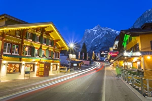 Tail Light Prints: Dorfstrasse and Wetterhorn, Grindelwald village, Jungfrau region, Bernese Oberland