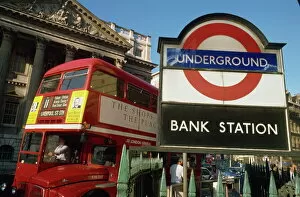 City Of London Collection: Double decker bus and Bank station London Underground sign, City of London
