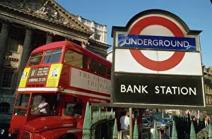 Double Decker Prints: Double decker bus and Bank station London Underground sign, City of London