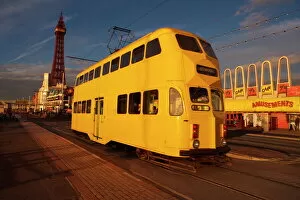 Journey Collection: Double decker tram and Blackpool tower, Blackpool Lancashire, England, United Kingdom