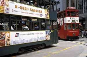 Double Decker Prints: Two double decker trams passing at Sheung Wan, Hong Kong, China, Asia