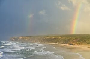 Images Dated 19th March 2008: Double rainbow after storm at Carrapateira Bordeira beach, Algarve, Portugal, Europe