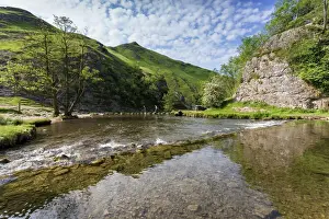Flowing Prints: Dovedale reflections, hikers on stepping stones and Thorpe Cloud