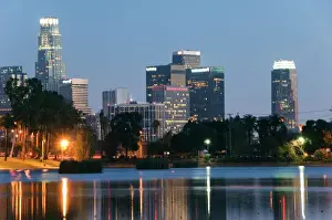 Los Angeles Prints: Downtown district skyscrapers located behind Echo Park Lake