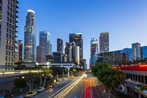 Light Trails Prints: Downtown financial district of Los Angeles city at night, Los Angeles, California