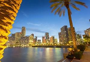 Miami Prints: Downtown Miami skyline from Brickell Key at dusk, Downtown Miami, Miami, Florida