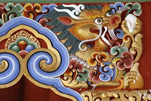 Burgundy Prints: Dragon detail, Temple of the Thousand Buddhas, Dashang Kagyu Ling congregation
