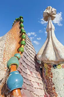 Typically Spanish Gallery: Dragon back roof of Casa Batllo, modernist building by Antoni Gaudi, UNESCO World Heritage Site