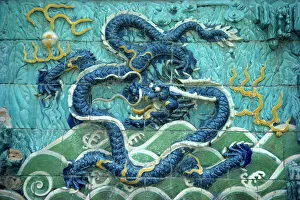 Beijing Prints: Dragons on tiles on the Dragon wall in the Forbidden City in Beijing, China, Asia