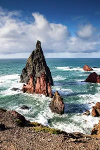 Azure Prints: dramatic coastline with rocks of Madeira, Portugal