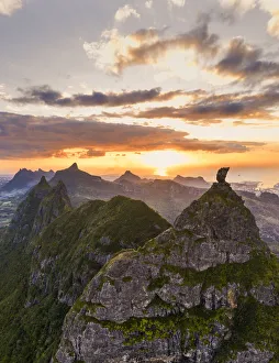 Port Louis Prints: Dramatic sky at sunset over Pieter Both and Le Pouce mountain, aerial view, Moka Range