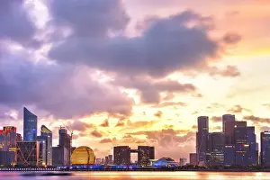 Business District Prints: Dramatic sunset clouds over new skyscrapers of Hangzhou new business district, Jianggan