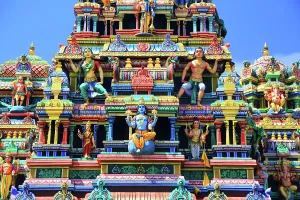 Sculptures Prints: Draupadee Ammen Kovil Hindu Temple showcases intricate designs with colorful figures in Goodlands