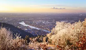 Neckar River Prints: A dreamy view over Rhein Main Valley with Heidelberg City and Neckar River, framed by ice