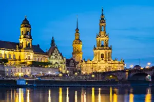 Dresden skyline and historic buildings along the Elbe River at night, Altstadt (Old Town)