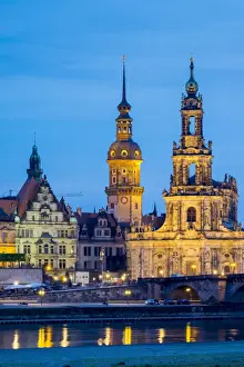 Dresden skyline, historic buildings along the Elbe River at night, Altstadt (Old Town)