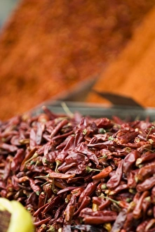 Dried chilli for sale at market, Xining, Qinghai, China, Asia