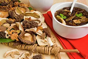 Food And Drink Prints: Dried mushrooms, ceps, morels, shitake and chanterelles, Italy, Europe