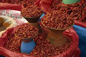 Bowls Prints: Dried red chillis in bowls for sale at San Cristobal de las Casas in Chiapas state