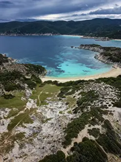 Azure Prints: Drone aerial view of Kalamitsi wild beach with turquoise water, Chalkidiki, Greece