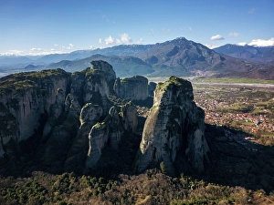 Resilience Prints: Drone aerial view of Meteora and ancient holy monastery, UNESCO, Kalabaka, Greece