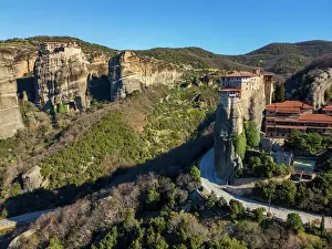 Monks Prints: Drone aerial view of Meteora with ancient holy Monastery of Varlaam