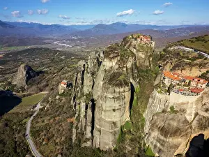 Monasteries Prints: Drone aerial view of Meteora with ancient holy Monastery of Varlaam
