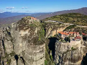 Mountaintop Prints: Drone aerial view of Meteora and ancient holy Monastery of Varlaam and Great Meteoron
