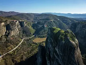 Meteora Prints: Drone aerial view of Meteora with ancient holy Monastery of Varlaam and Great Meteoron